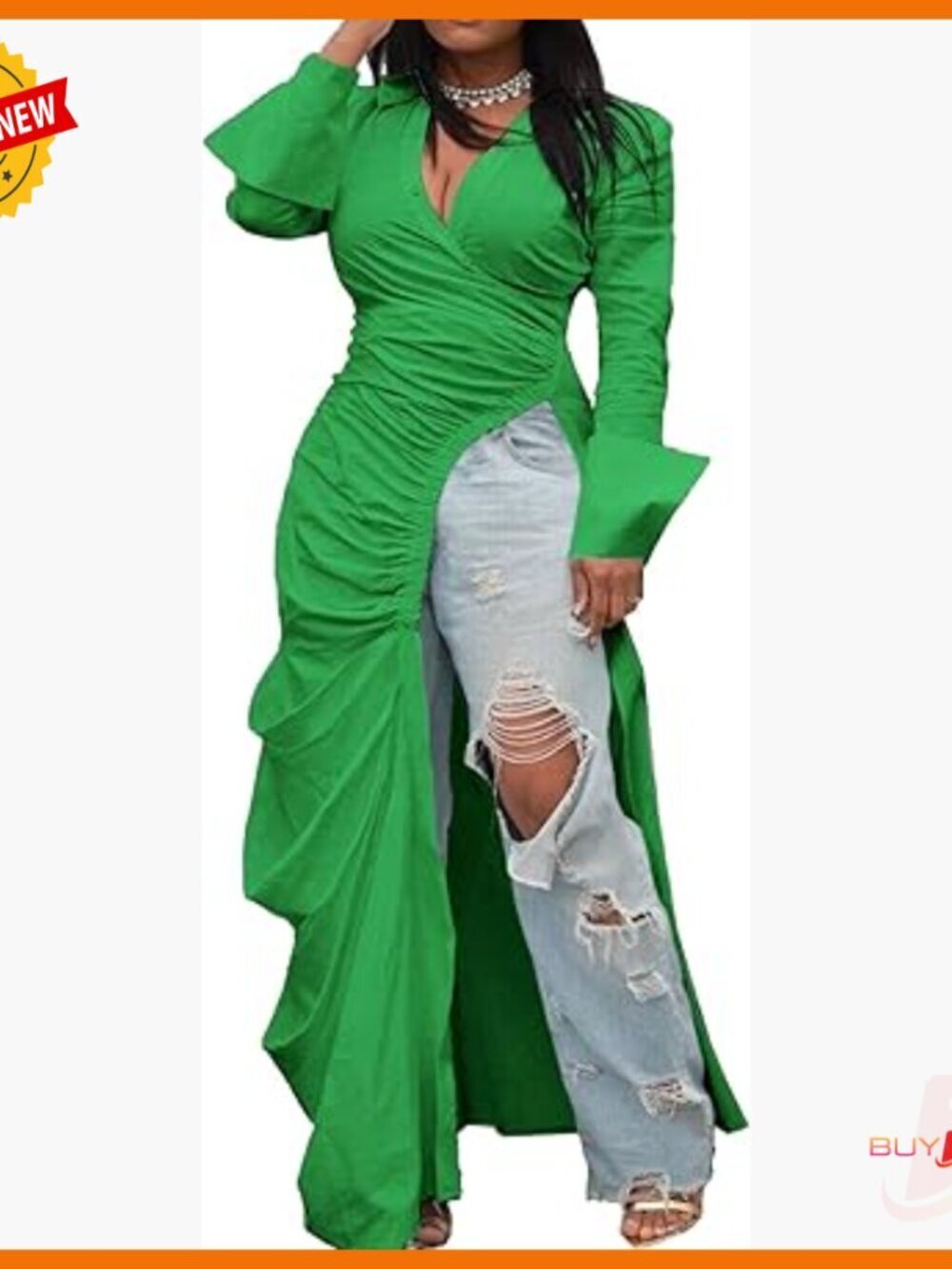 Long Sleeve Deep V Neck Ruched Asymmetrical Hem Tunic Blouse Top